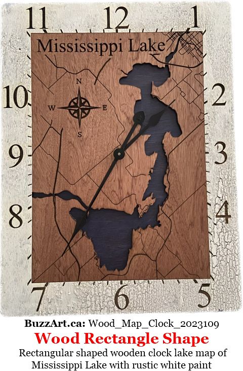 Rectangular shaped wooden clock lake map of Mississippi Lake with rustic white paint